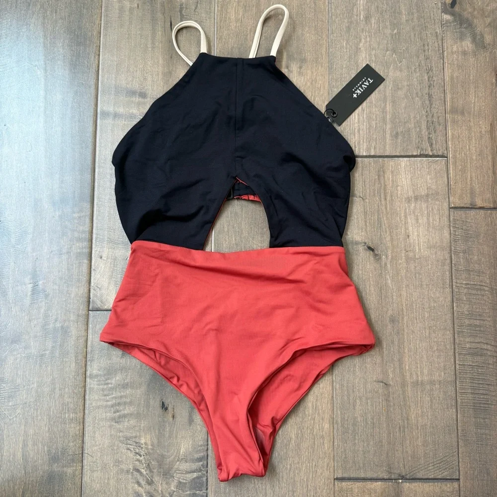 Tavik One Piece Lela Cut Out Swimsuit Black Rust Orange - Picture 4 of 5
